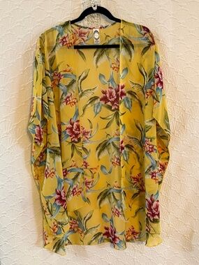 Honeyme Yellow Floral Sheer Kimono Top with Pink & Green Accents